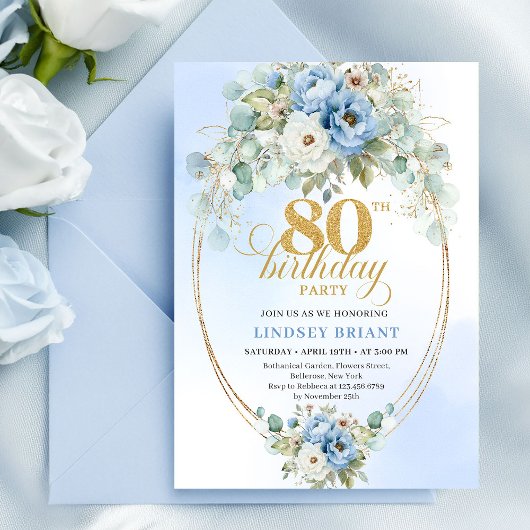 Light Blue Peony Flowers Gold Frame 80th Birthday Kaart