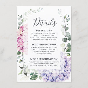 Light Blue Pink Hydrangeas en Eucalyptus bruiloft Informatiekaartje