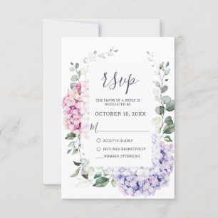 Light Blue Pink Hydrangeas en Eucalyptus bruiloft RSVP Kaartje