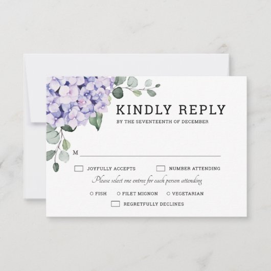Light Blue Pink Hydrangeas en Eucalyptus bruiloft RSVP Kaartje (Voorkant)