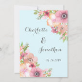 Light Blue Rustic Pink Flowers Wedding Invitations Kaart (Voorkant)