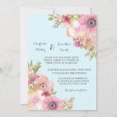 Light Blue Rustic Pink Flowers Wedding Invitations Kaart (Achterkant)