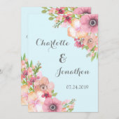Light Blue Rustic Pink Flowers Wedding Invitations Kaart (Voorkant / Achterkant)