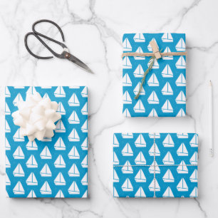 Light Blue Sailboat Patroon Inpakpapier Vel
