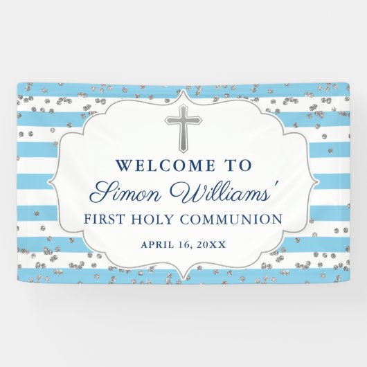 Light Blue Silver Glitter First Heilige Communie Spandoek (Horizontaal)