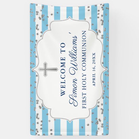 Light Blue Silver Glitter First Heilige Communie Spandoek (Verticaal)