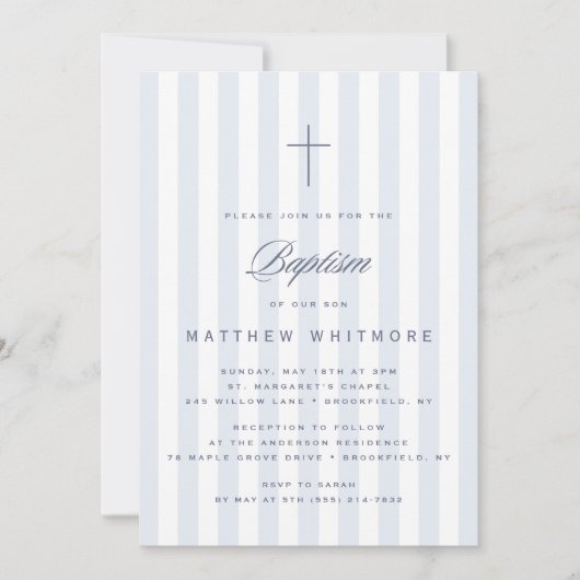 Light Blue Striped Boy Baptism Invitation (Devant)