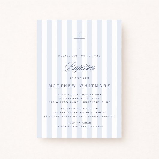 Light Blue Striped Boy Baptism Invitation Kaart