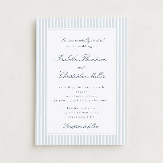 Light Blue Striped Modern Script Wedding Invitatio Kaart