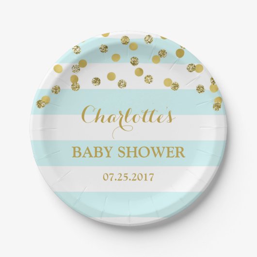 Light Blue Stripes Gold Confetti Baby shower Bord (Voorkant)