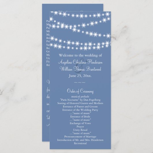 Light Blue Twinkle Lights Wedding Programme Programma (Voorkant / Achterkant)