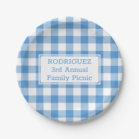 Light Blue White Buffalo Check Name Family Picnic Papieren Bordje (Voorkant)