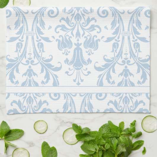Light Blue White Floral Swirls Damask Monogram Theedoek (Gevouwen)