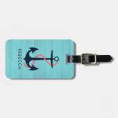 Light Blue Wood & Blue Nautical Anchor Monogram Bagagelabel (Voorkant horizontaal)