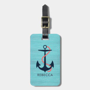 Light Blue Wood & Blue Nautical Anchor Monogram Bagagelabel