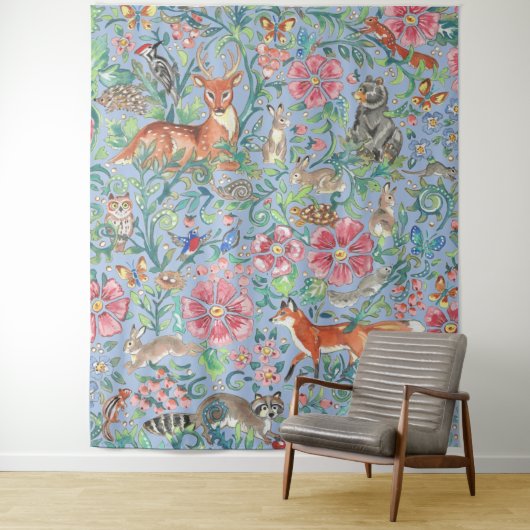 Light Blue Woodland Animal Deer Fox Rabbit Groot Wandkleed (In situ)