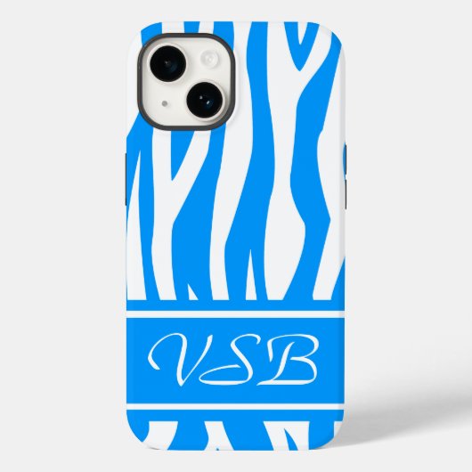 Light Blue Zebra Print met monogram Case-Mate iPhone Case (Achterkant)
