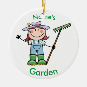 Light Brunette Girl Gardener in Overalls & Boots Keramisch Ornament