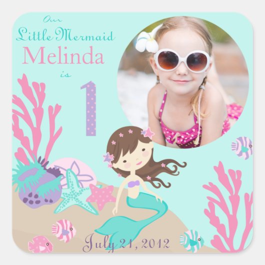 Light Brunette Mermaid Age One Photo Sticker Label (Voorkant)