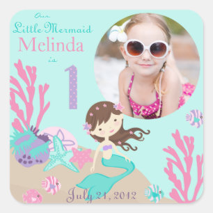 Light Brunette Mermaid Age One Photo Sticker Label