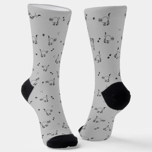 Light Charcoal Cat Line Art Pattern Socks Sokken (Gebogen)