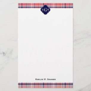 Light Coral Navy Wht Preppy Madras Monogram Briefpapier