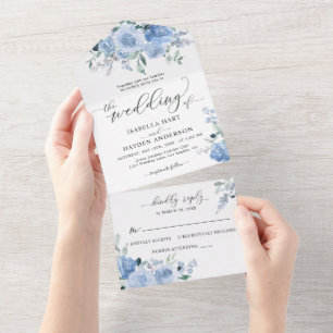 Light Dusty Baby Blue Floral Botanical Wedding All In One Uitnodiging