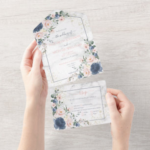 Light Dusty Blue Blush Pink Gold Floral Weddenscha All In One Uitnodiging