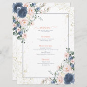 Light Dusty Blue Blush Pink Gold Floral Weddenscha Menu (Voorkant / Achterkant)
