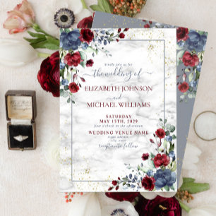 Light Dusty Blue Burgundy Gold Floral Wedding Kaart