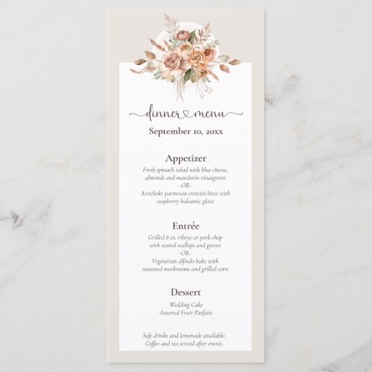 Light Earth Tone Bloemen Rustiek Boho Trouwmenu Programma (Voorkant)