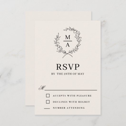 Light Ecru Simple Elegant Monogram RSVP Kaartje (Voorkant / Achterkant)