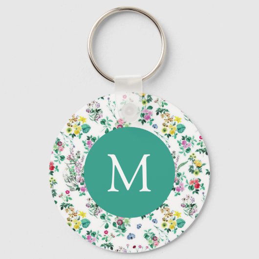 Light Floral Pattern Teal Monogram Sleutelhanger (Voorkant)