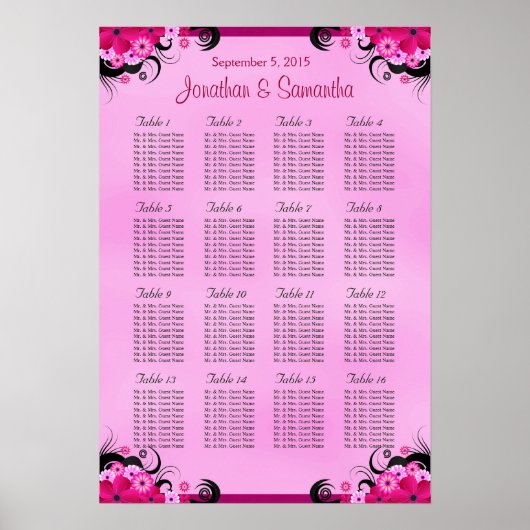 Light Fuschia 16 Wedding Table Seating Charts Poster (Voorkant)