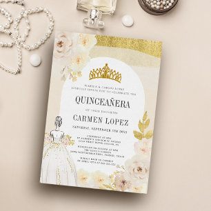 Light Gold Floral Princess Birthday Quinceanera Kaart