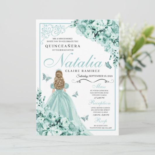 Light Green Butterfly Tiara Princess Quinceanera Kaart (Staand voorkant)