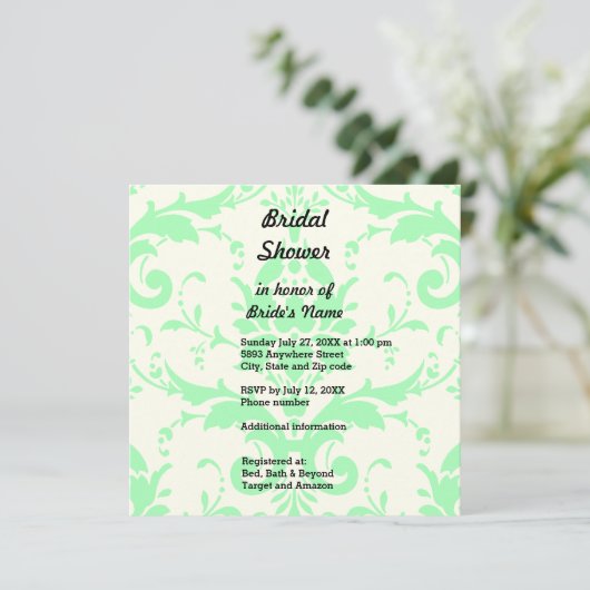 Light Green Damask Bridal Shower Invitation Kaart (Staand voorkant)
