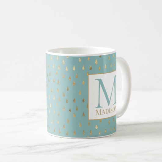 Light Green Gold Raindrop Modern Trendy Monogram Koffiemok (Voorkant rechts)