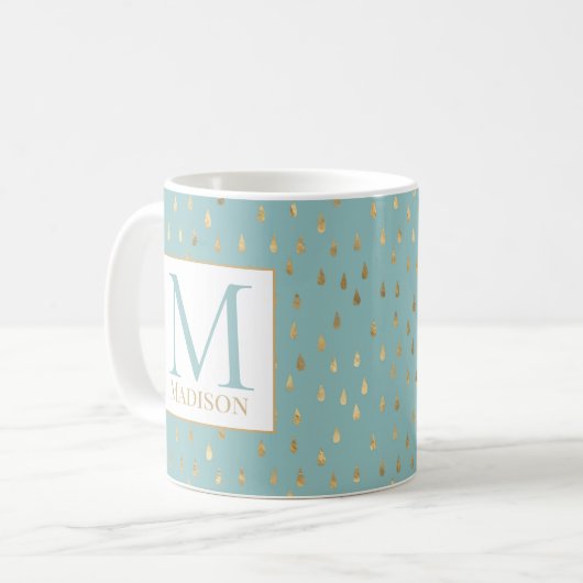 Light Green Gold Raindrop Modern Trendy Monogram Koffiemok (Voorkant links)
