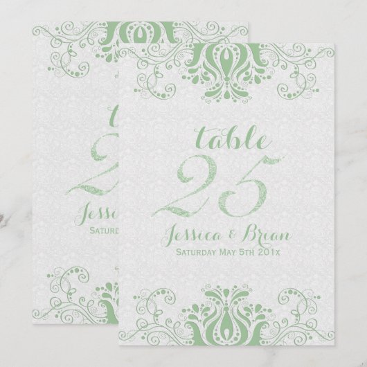 Light Green Lace & White Wedding Table Number 2 Kaart (Voorkant / Achterkant)