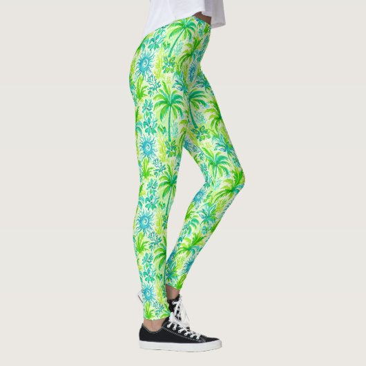 Light Green Tropical Palm and Blue Sun Print Leggings (Rechts)