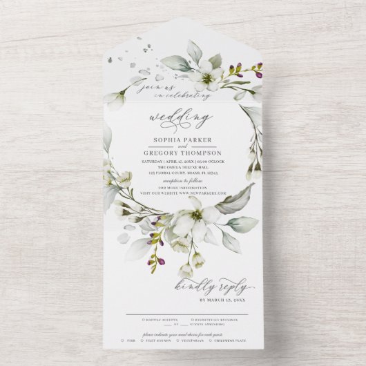 Light Greenery | Floral White Calligraphic Wedding All In One Uitnodiging (Binnen)