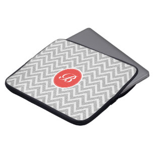 Light Grey Chevron Pattern Linen Texture Monogram Laptop Sleeve