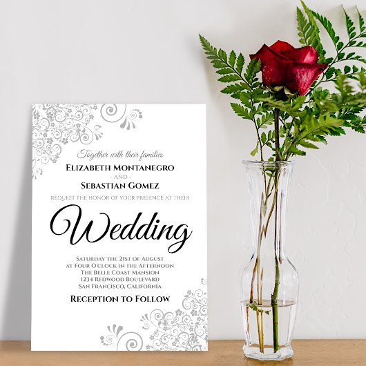 Light Grey Floral Filigree Elegant Chic Wedding Kaart