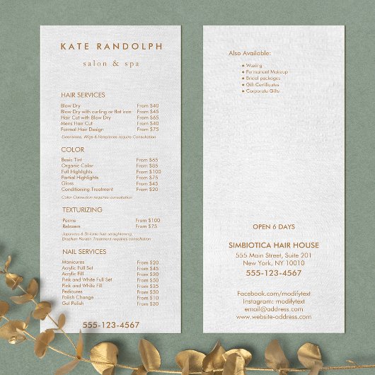 Light Grey Linen Salon Spa Price List Service Menu