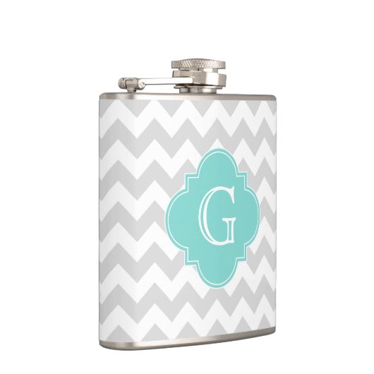 Light Grey White Chevron Aqua Quatrefoil Monogram Heupfles (Rechts)