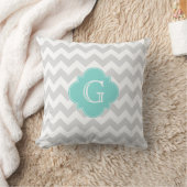 Light Grey White Chevron Aqua Quatrefoil Monogram Kussen (Deken)