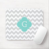 Light Grey White Chevron Aqua Quatrefoil Monogram Muismat (Met muis)