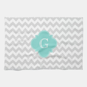 Light Grey White Chevron Aqua Quatrefoil Monogram Theedoek
