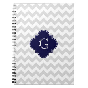 Light Grey White Chevron Navy Quatrefoil Monogram Notitieboek